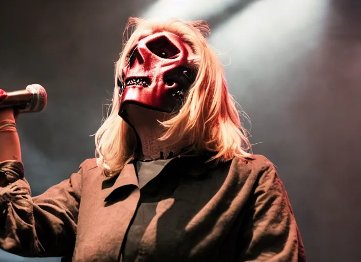 Image similar to publicity photo still of martha stewart in slipknot playing live on stage, 8 k, live concert lighting, mid shot