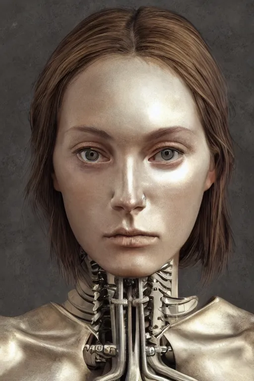 Prompt: hyperrealism close-up portrait of beautiful young medieval biomechanic female , beautiful cheekbones, metal giger background , pale skin, in style of classicism