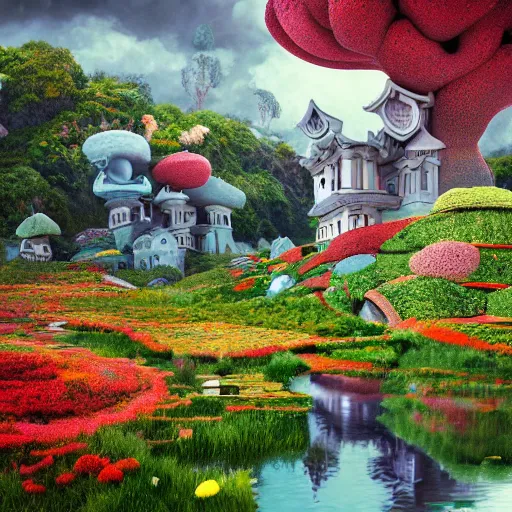 Image similar to a beautiful detailed surreal houses made from flowers in a serene landscape, Edmund Dulac, Jacek Yerka, landscape photography composition,vivid colors,octane render,redshift render :1