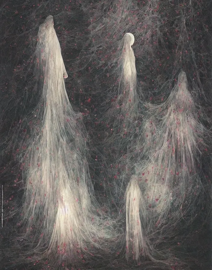 Image similar to a crystal orb radiating white light, worshippers in robes belonging to the cult of the crystal reach out to touch it, interior of a small room, beksinski painting, part by adrian ghenie and gerhard richter. art by takato yamamoto. masterpiece, deep colours