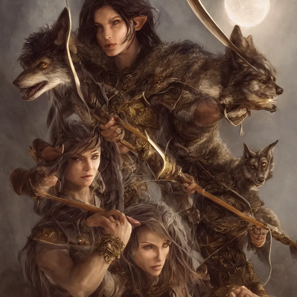 Image similar to Photorealistic cinematic close-up portrait of only one powerful angry female D&D elf ranger, holding a longbow, with a pet wolf, by Larry Elmore and Steven Belledin . Magical occult photorealism, UHD, amazing depth, glowing, golden ratio, 3D octane cycle unreal engine 5, volumetric lighting, cinematic lighting, cgstation artstation concept art