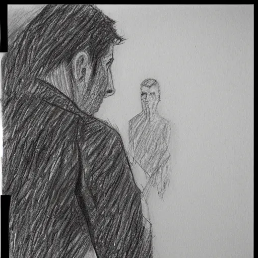 Image similar to the drawn man in jacket looks out into the black endless distance in the rain. pencil sketch