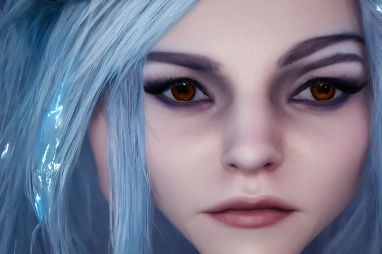 Prompt: Photorealistic render of Malevolent Ice Queen with round ice crystals on forehead in the style of Artstation, 4k Unreal Engine, reflective