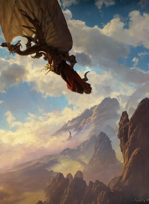 Prompt: scene flying through the sky on a giant roc. fantasy concept art. moody epic painting by james gurney, norman rockwell and alphonso mucha. artstationhq. painting with vivid color. ( dragon age, witcher 3, arcane, lotr )