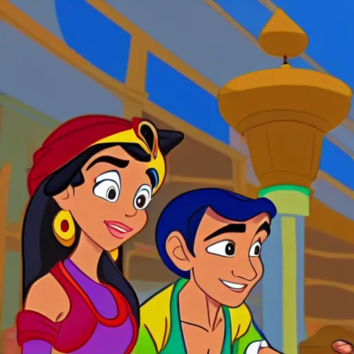 Prompt: aladdin and jasmine in electronics store picking up a flying drone, old 2 d disney artstyle