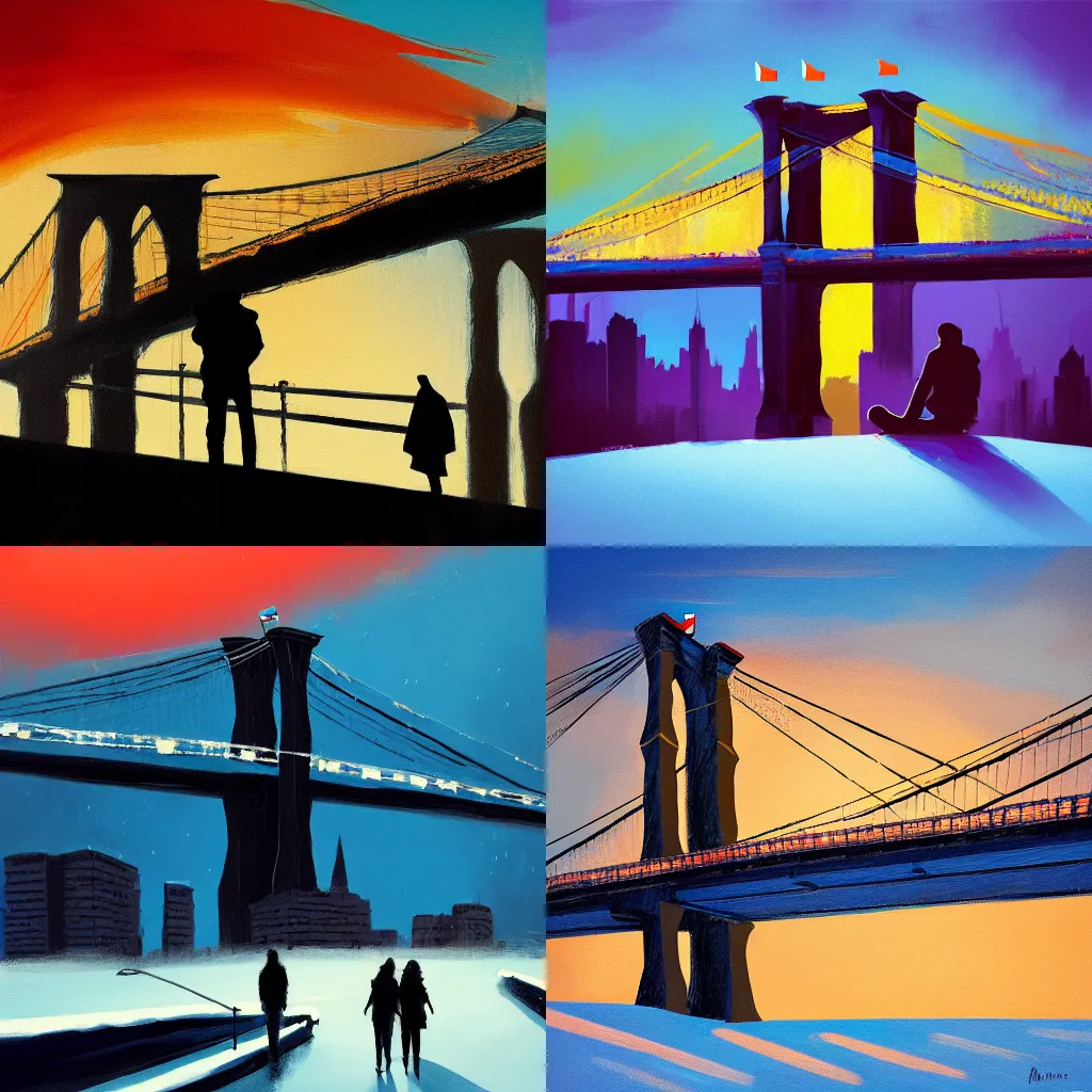 Prompt: acrylic painting of a silhouette, two people, brooklyn bridge at sunset in the snow by anton fadeev, Ted Nasmuth, Jessica Rossier, Christian Dimitrov, and Greg Rutkowski trending on artstation