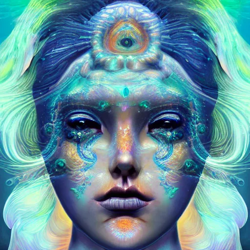 Prompt: An extremely psychedelic portrait of deep sea goddess, surreal, LSD, face, detailed, intricate, elegant, lithe, highly detailed, digital painting, artstation, concept art, smooth, sharp focus, illustration