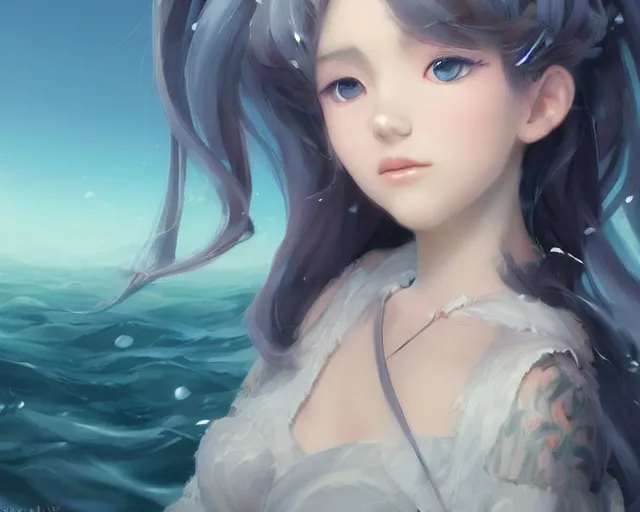 Image similar to Portrait of a beautiful young elegant ocean singer in anime style ， full of details, matte painting, concept art, smooth, by krenz cushart and wlop，trending on cgsociety and artstation，8kHDR，light effect，rtx on，-H 1280