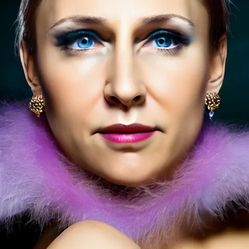 Prompt: vladimir putin, studio portrait, feather boa, earrings, joyful, eyeshadow, soft lighting, realistic