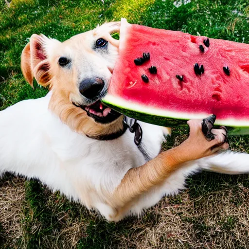 Prompt: a dog eating a watermelon