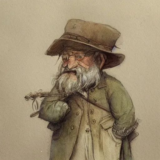 Image similar to a muted color watercolor sketch of a little person story book character by Jean-Baptiste Monge of an old man in the style of by Jean-Baptiste Monge that looks like its by Jean-Baptiste Monge and refencing Jean-Baptiste Monge