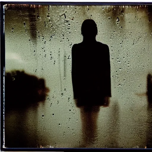 Prompt: mixed media, polaroid, silhouettes, threes, rain, reflection, double exposure, high contrast