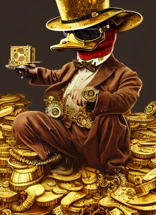 Image similar to athropomorphized rich duck capitalist sitting on pile of gold, wearing steampunk top hat, steampunk goggles, casting spell, concept art, insanely detailed and intricate, hypermaximalist, elegant, ornate, hyper realistic, super detailed, art deco, cinematic, trending on artstation, magic the gathering artwork