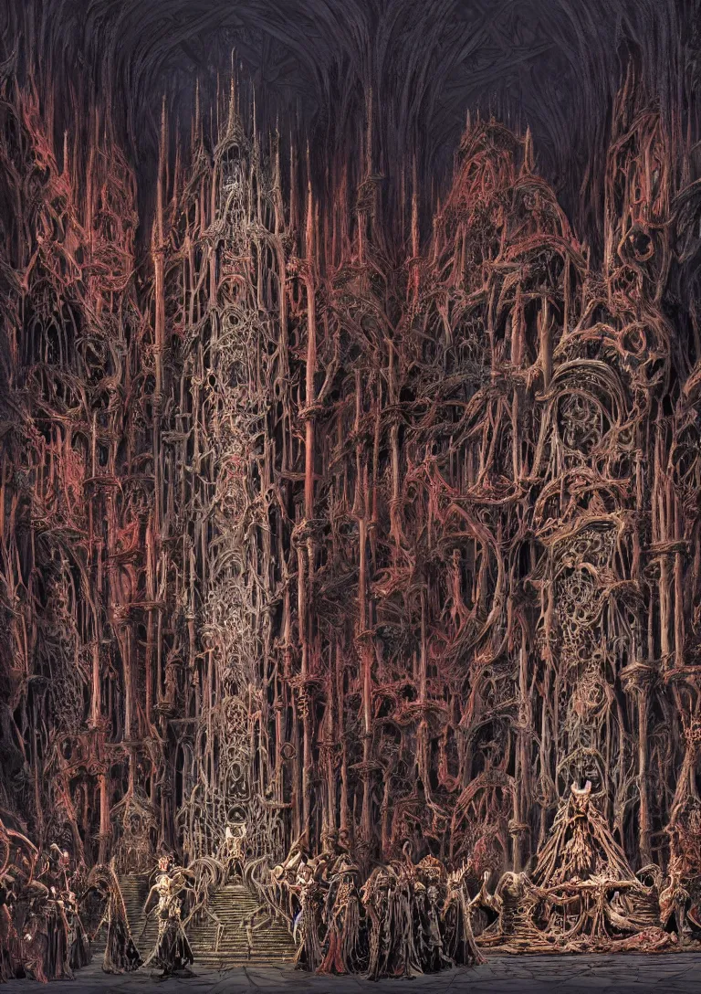 Image similar to matte painting of a gothic throne room, centered on a huge throne of bones and flesh, abominations are kneeling in front of the throne, dying humans are nailed to the walls, red tones, josan gonzales and moebius and enki bilal and and dan mumford and jean claude meziere and philippe druilleg