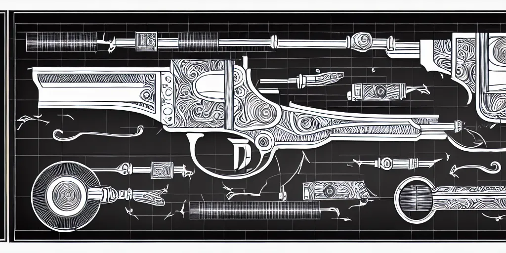 Prompt: schematic diagram illustration of a revolver, ultra detailed, 4 k, intricate, encyclopedia illustration, fine inking lines