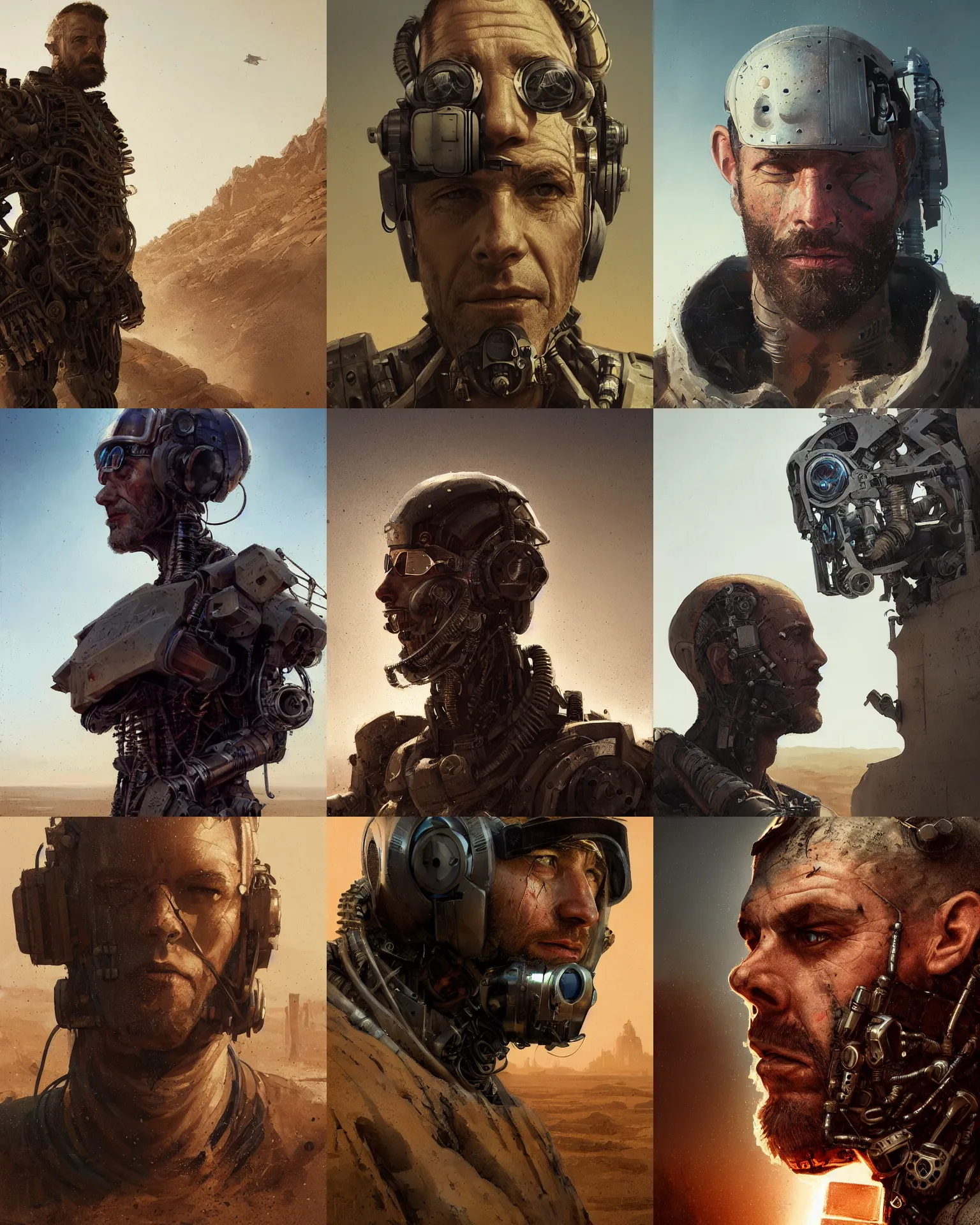 Image similar to a rugged engineer man with cybernetic enhancements lost in the desert, scifi character portrait by greg rutkowski, esuthio, craig mullins, 1 / 4 headshot, cinematic lighting, dystopian scifi gear, gloomy, profile picture, mechanical, half robot, implants, steampunk