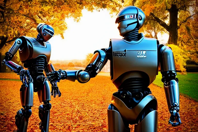 Prompt: real life robocop, ultra realistic!!!, autumn, clear weather, golden hour, sharp focus