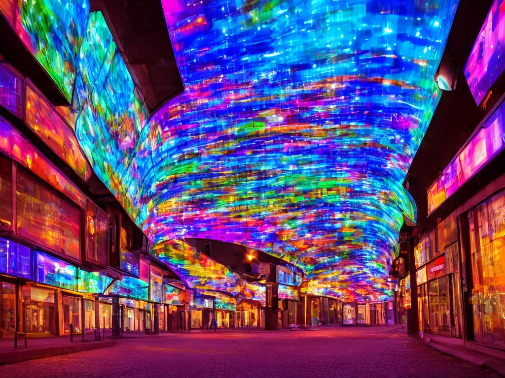 Image similar to streets with curved translucent screens projecting detailed art ( 2 0 4 2 ), large colorful images, pixel perfect photograph, high contrast, volumetric lighting, thin glowing lights, chair, users, pair of keys