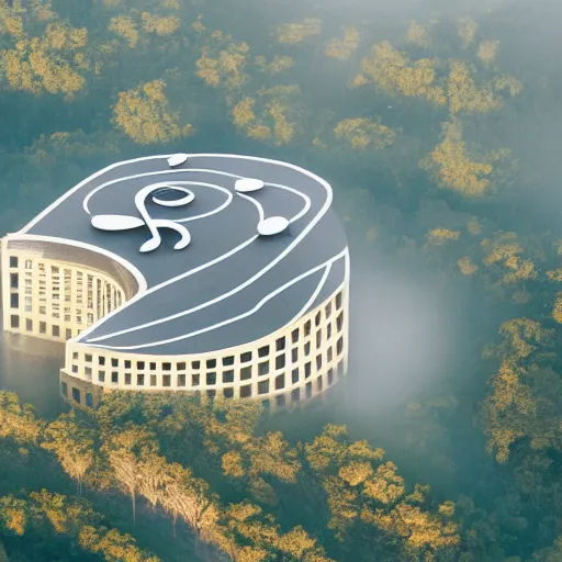 Image similar to an aerial photograph of a building shaped like a music note. the building is on top of a misty hill, smooth, photorealistic, global illumination, radiant light, intricate and detailed environment