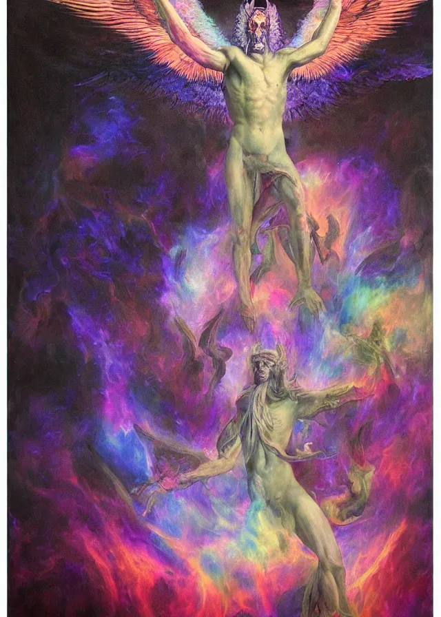 Prompt: Lucifer of the lunar mythos mercurial (surreal) fallen celestial mist, award winning oil painting, chromatic aberration polychromatic color palette radiant colors