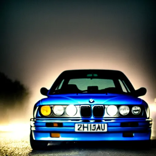 Prompt: a blue bmw e30 | nighttime | lights reflecting through haze and fog | darkness