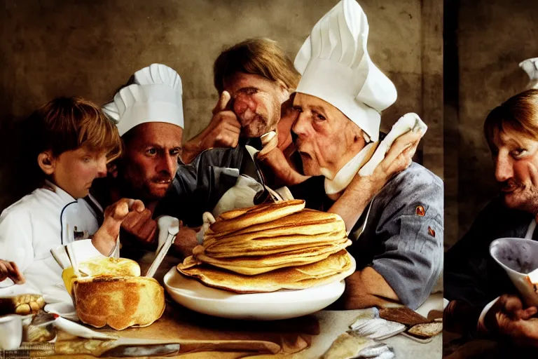 Image similar to closeup potrait Dutch chefs impressing french peasants with superior pancakes, natural light, sharp, detailed face, magazine, press, photo, Steve McCurry, David Lazar, Canon, Nikon, focus