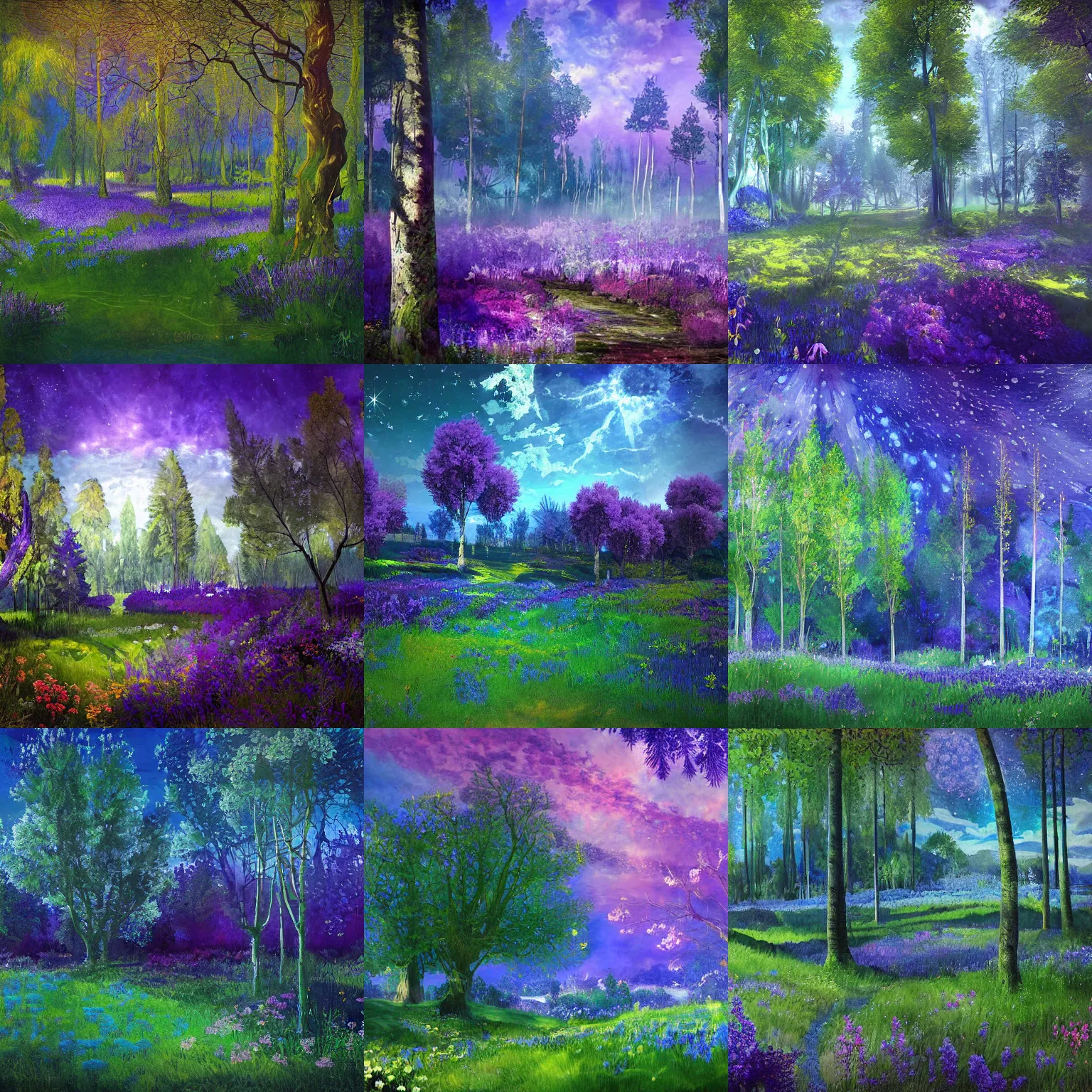 Prompt: painterly dreamy background with trees, flowers and mihnight sky, deep blue, violet and emerald-green colors by Mikhail Vrubel, dark fantasy, witcher 3