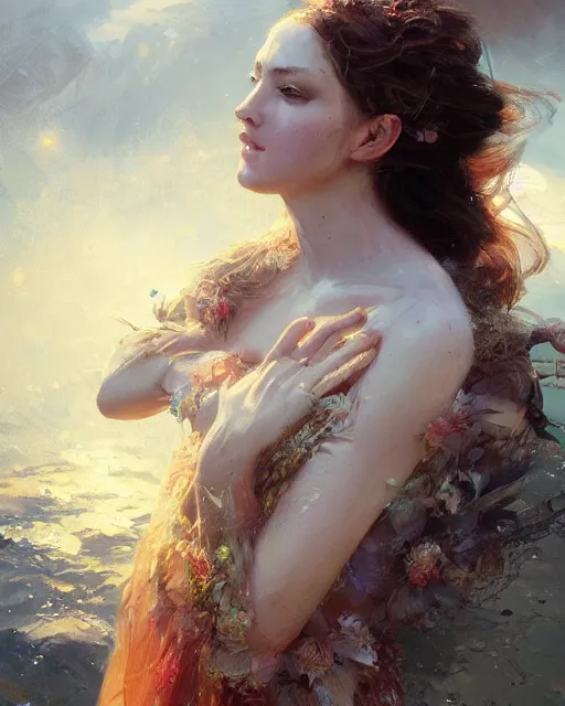 Prompt: Goddess of Summer, gorgeous portrait, intricate, elegant, volumetric lighting, scenery, digital painting, highly detailed, artstation, sharp focus, illustration, concept art, ruan jia, steve mccurry