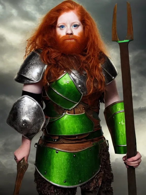 Image similar to dwarven woman, ginger hair, green eyes, holding hammer and shield with plate armour