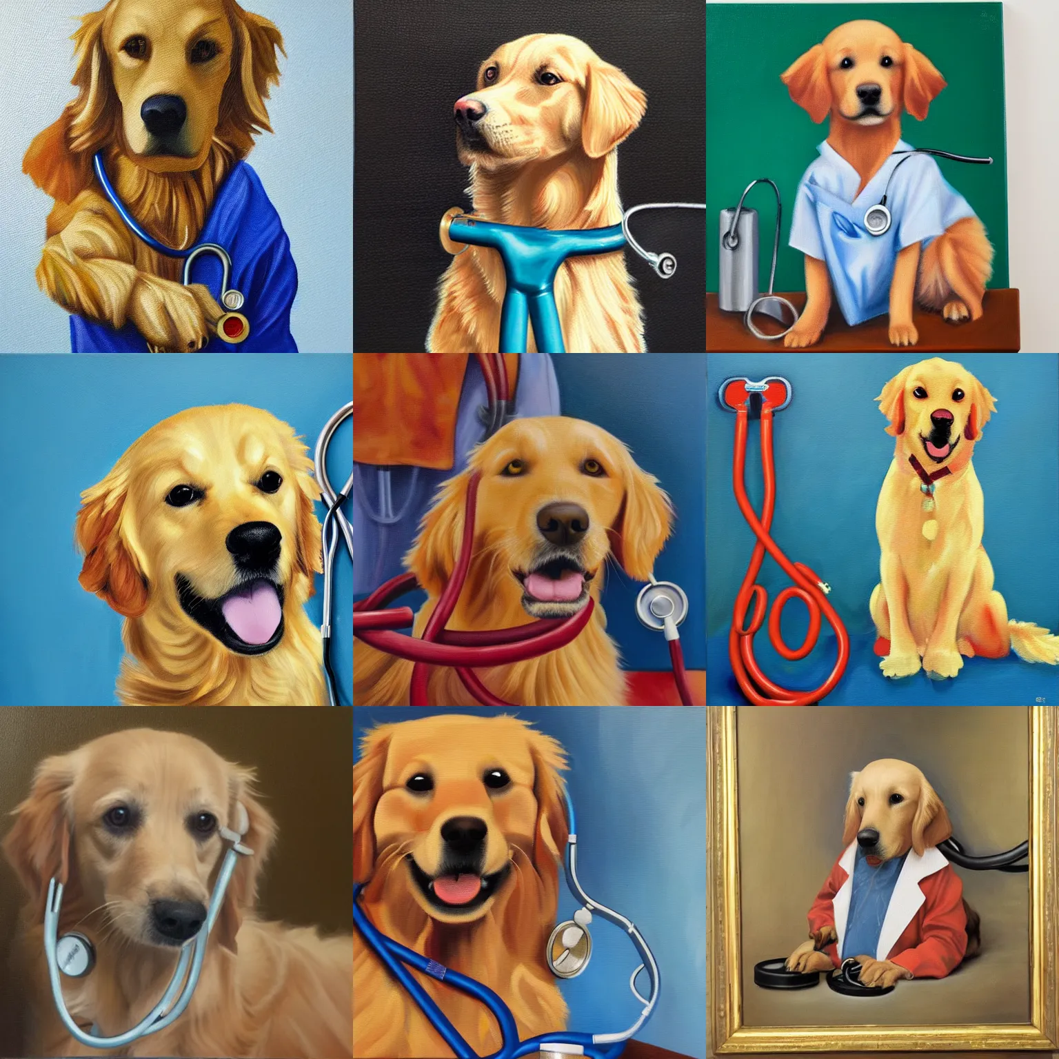 Prompt: oil painting of a golden retriever wearing hospital scrubs and a stethoscope