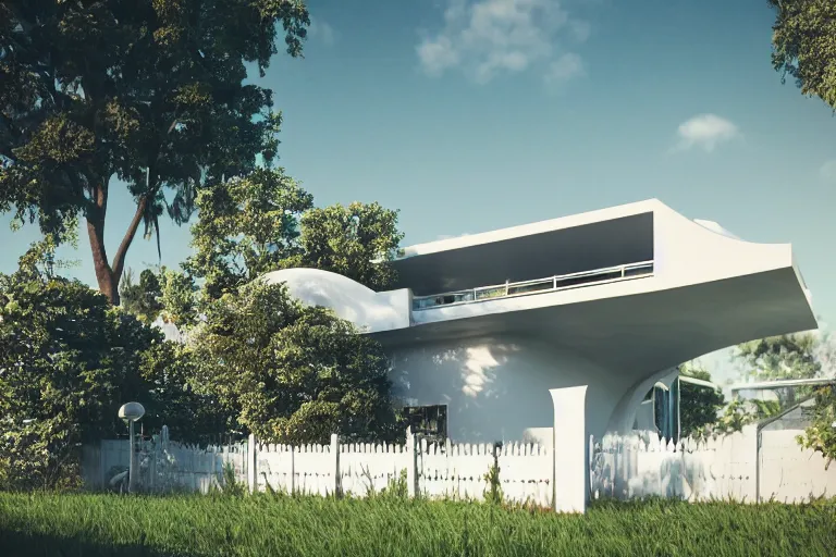 Prompt: a house in the 1 9 5 0's future house, retropunk, lawn, trees, white picket fence, futuristic car parked on the driveway, realistc octane render, depth of field, soft lighting, 8 k