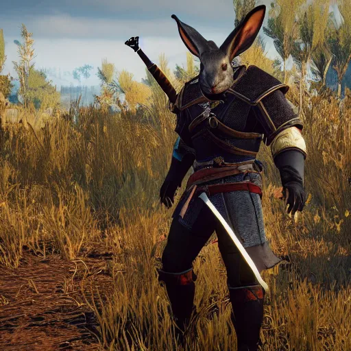 Prompt: a rabbit in the video game Witcher 3