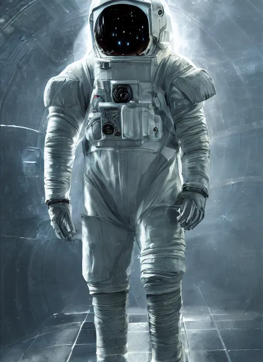 Image similar to concept art by craig mullins astronaut in futuristic dark and empty spaceship underwater. infrared glowing lights. complex and hyperdetailed technical suit. reflection and dispersion materials. rays and dispersion of light. volumetric light. 5 0 mm, f / 3 2. noise film photo. flash photography. unreal engine 4, octane render. interstellar movie art