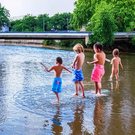 Prompt: kids bathing in the river during summer