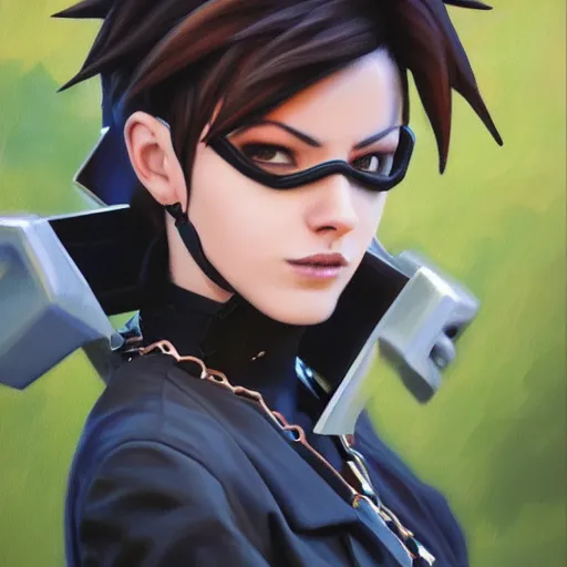 Prompt: oil painting of tracer overwatch in a field wearing spiked collar around neck, in style of steve henderson, wearing black choker, expressive face, detailed face, detailed eyes, full body, feminine face, tracer overwatch,