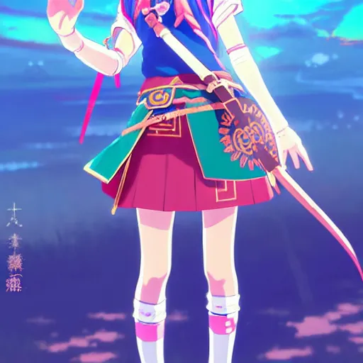 Image similar to a beautiful! young feminine link from botw, wearing japanese catholic school girl outfit with mayan pattern and native style, aztec street fashion, guilty gear art direction, perfect anime face, gapmoe yandere grimdark, trending on pixiv fanbox, painted by greg rutkowski makoto shinkai takashi takeuchi studio ghibli, akihiko yoshida