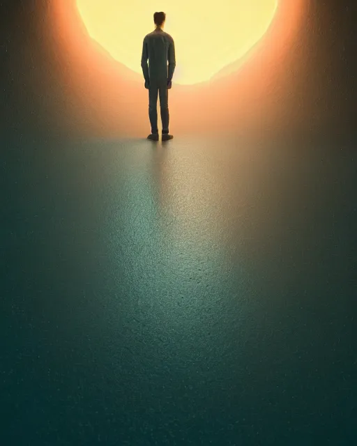 Image similar to a person standing in front of a glowy open door that's on a barren moon, poster art by mike winkelmann, trending on cg society, space art, sci - fi, ue 5, futuristic, volumetric lighting