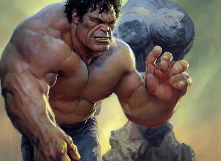 Image similar to a highly detailed beautiful portrait of mark ruffalo as the hulk, by gregory manchess, james gurney, james jean