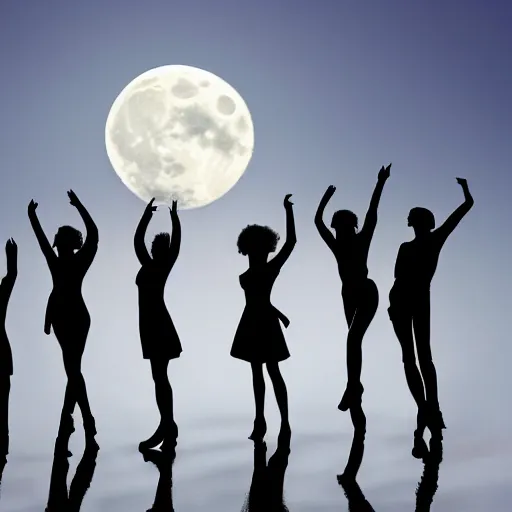 Prompt: silhouettes dancing, legs waving, in the moonlight