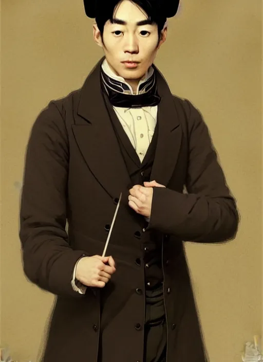 Prompt: a portrait of a young asian man with a crooked nose in victorian clothing, confident pose, intricate, elegant, sharp focus, illustration, highly detailed, concept art, matte, trending on artstation, anime, art by james jean and artgerm and brian despain and alberto mielgo, greg rutkowski, wlop, ilya kuvshinov, strong strokes