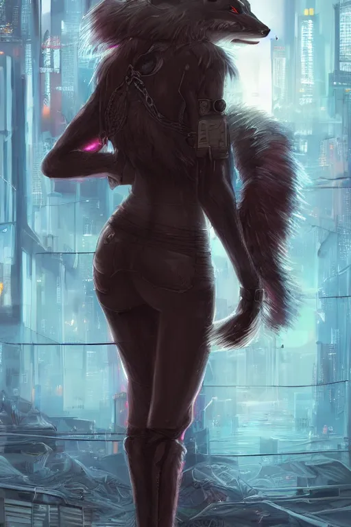 Prompt: an anthropomorphic cyberpunk fox with a fluffy tail, backlighting, trending on artstation, digital art, furry art, trending on furaffinity, fantasy art, by kawacy, view from behind