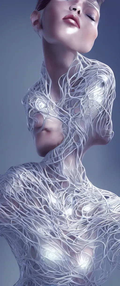Prompt: a highly detailed digital image of an elegantly posed futuristic woman beautifully intertwined in chromatic liquid like leaves, matte white background, full body shot, by Andrew Chiampo, artstation, and Frederik Heyman, extremely detailed woman, stunning volumetric lighting, hyper realism, fantasy 4k