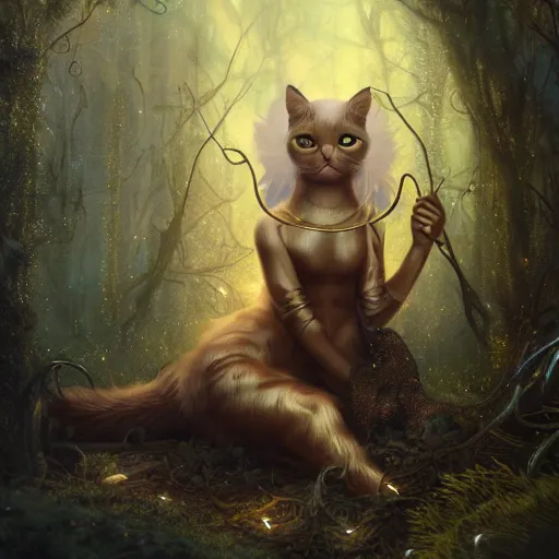 Image similar to metallic gold cat creating magic in the gnarly forest at night by tom bagshaw, mucha, karl kopinski, trending on artstation, 8k, denoised, crisp, hd