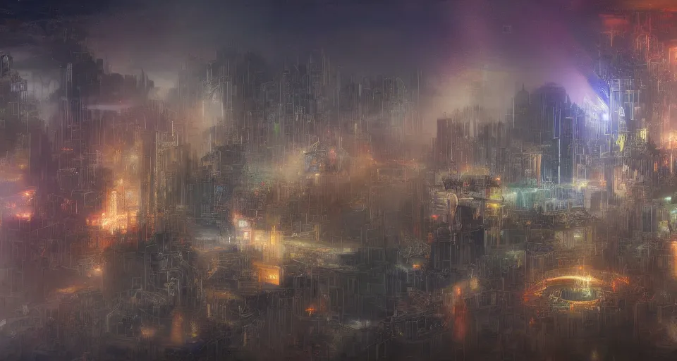 Image similar to Mech robot city. By Joseph Mallord William Turner, fractal flame, highly detailded