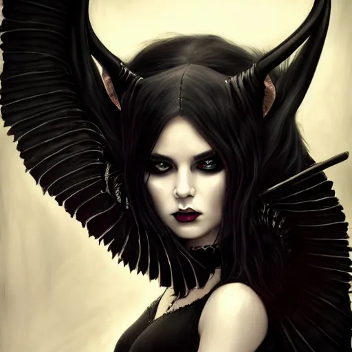 Prompt: cool and bored looking succubus, portrait of a lady demon all dressed in black, beautiful face and eyes, ram horns on her head, close look, highly detailed, cel shaded, cinematic shot, trending on artstation, blurry background, high quality, detailed and chaotic background, brush strokes all over, by tom bagshaw and jama jurabaev