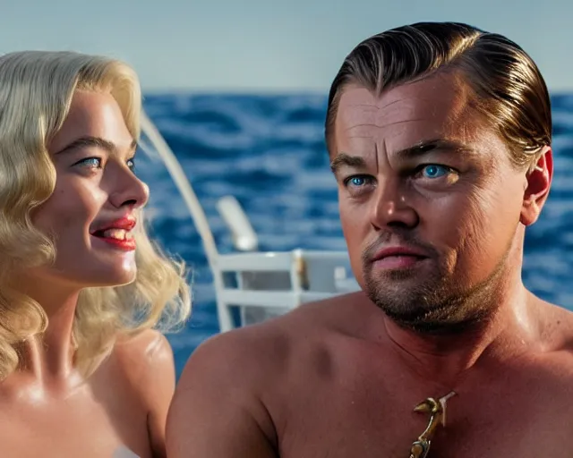 Image similar to leonardo dicaprio as the wolf of wall street next to margot robbie as naomi from the wolf of wall street on a fishing boat, hyper realistic faces, beautiful eyes, cinematic, long shot, hyper detailed, 8 5 mm photograph, 8 k resolution, film still, sharp lens, wide lens