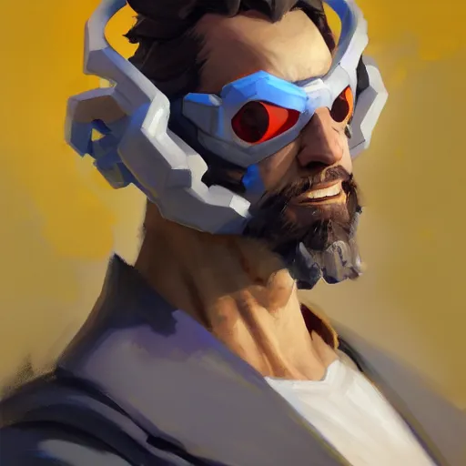 Image similar to Greg Manchess portrait painting of Richard Beebo Russell as Overwatch character, medium shot, asymmetrical, profile picture, Organic Painting, sunny day, Matte Painting, bold shapes, hard edges, street art, trending on artstation, by Huang Guangjian and Gil Elvgren and Sachin Teng