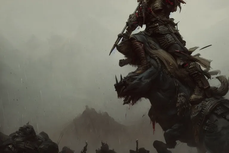 Prompt: the last warrior standing on the top of pile of skulls, the war has just ended, raining blood, extremely detailed digital painting, in the style of fenghua zhong and ruan jia and jeremy lipking and peter mohrbacher, mystical colors, rim light, beautiful lighting, 8 k, stunning scene, raytracing, octane, trending on artstation