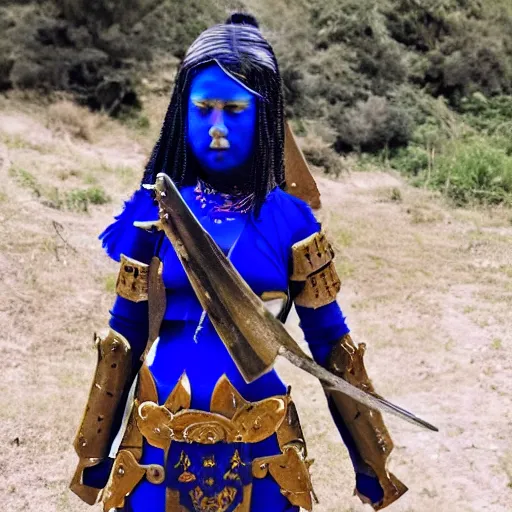 Image similar to photo of a female warrior with lapis lazuli armour and weapons