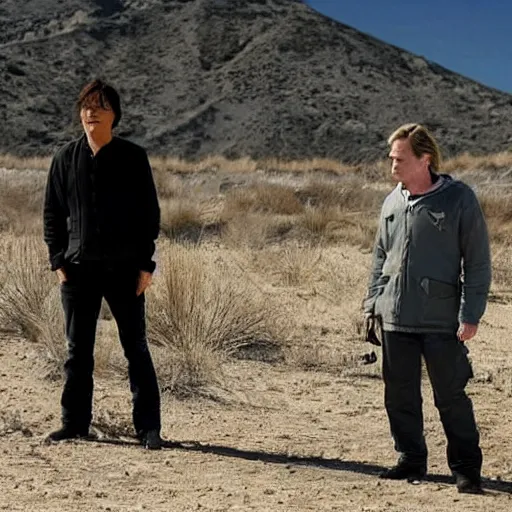 Image similar to Hideo Kojima and Christopher Nolan in Breaking Bad film still